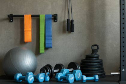 Home gym equipment including free weights, exercise bands, and a jump rope