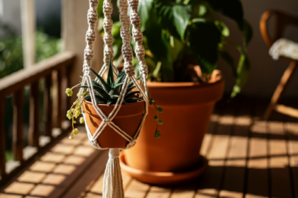 A macrame plant holder hanging on a sunny porch