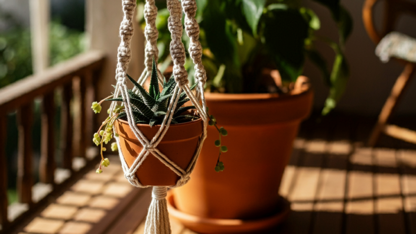 A macrame plant holder hanging on a sunny porch