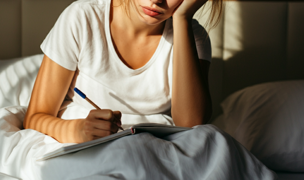 Woman taking notes in bed in the morning